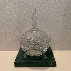 Vintage Rose Detail Cut Crystal Footed Bon Bon Lidded Dish